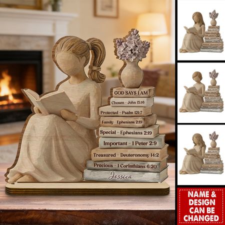 Personalized 2-Layer Wooden Plaque God Says I Am Book Stack Design for Nursery or Living Room
