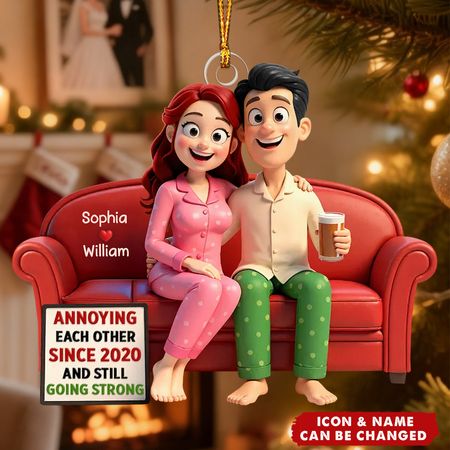 Cartoon Couple Annoying Each Other - Personalized Acrylic Ornament - Christmas Gift for him, Gift for her