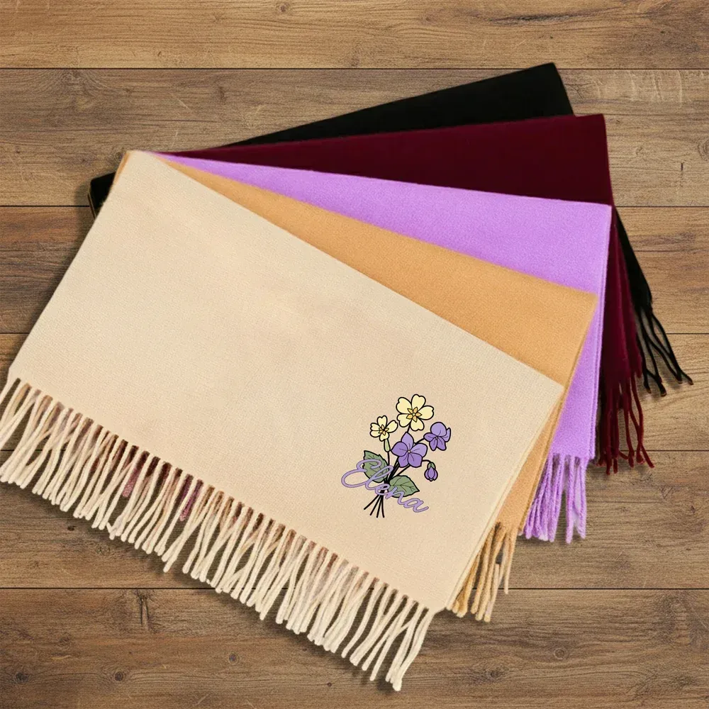 Personalised Multicolour Birth Flower Bouquet Faux Cashmere Scarf Tassel Shawl with Name Winter Accessory Birthday Holiday Gift for Family Friend