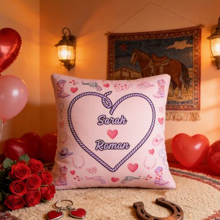 Personalized name denim heart-shaped pink throw pillow cover with insert, home decor, Valentine's Day gift for couples.
