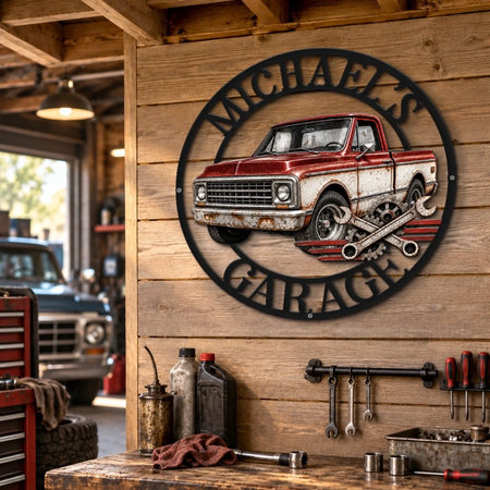 Personalized Classic Truck Garage Metal Sign – Custom Name Workshop Decor for Dad, Husband, Grandpa, Brother & Mechanic