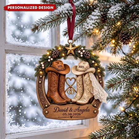 Personalized Christmas Couple Ornament Western Denim Boots with Names and Date Wedding Remembrance First Christmas as Married 2026