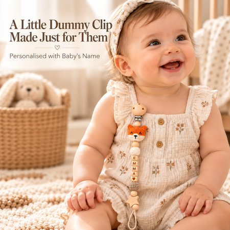 Personalised Crochet Animal Pacifier Clip – Custom Baby Name Dummy Holder