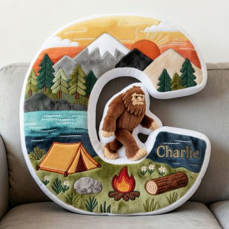 Sasquatch Camping Alphabet Initial Letter Pillow, Personalized Gifts For Camping Lovers & Bigfoot Seekers