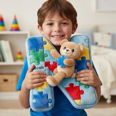 Autism Bear Alphabet Initial Letter Custom Shaped Pillow - Personalized Gifts For Kids