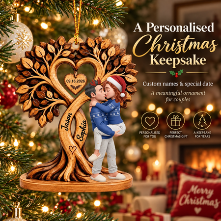 Personalised Christmas Couple Wooden Ornament – Custom Kissing Couple Under Heart Tree Keepsake with Names & Special Date, Romantic Christmas Gift for Couples