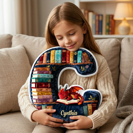 Book Dragon Alphabet Initial Letters Pillow, Personalized Gifts For Book Lovers