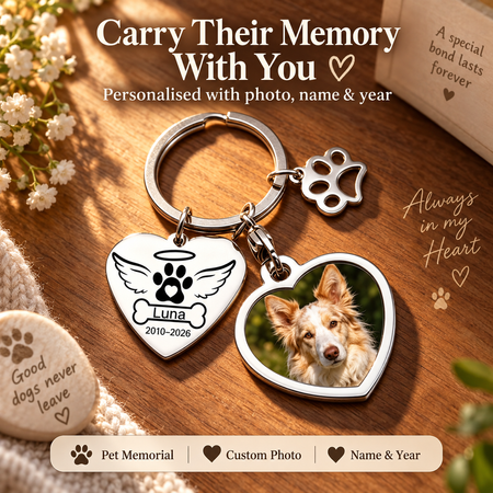 Forever in My Heart Personalised Pet Memorial Keychain – Custom Photo, Name & Year Heart Keyring
