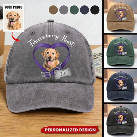 Custom Photo Forever In My Heart Dog Memorial Distressed Denim Cap