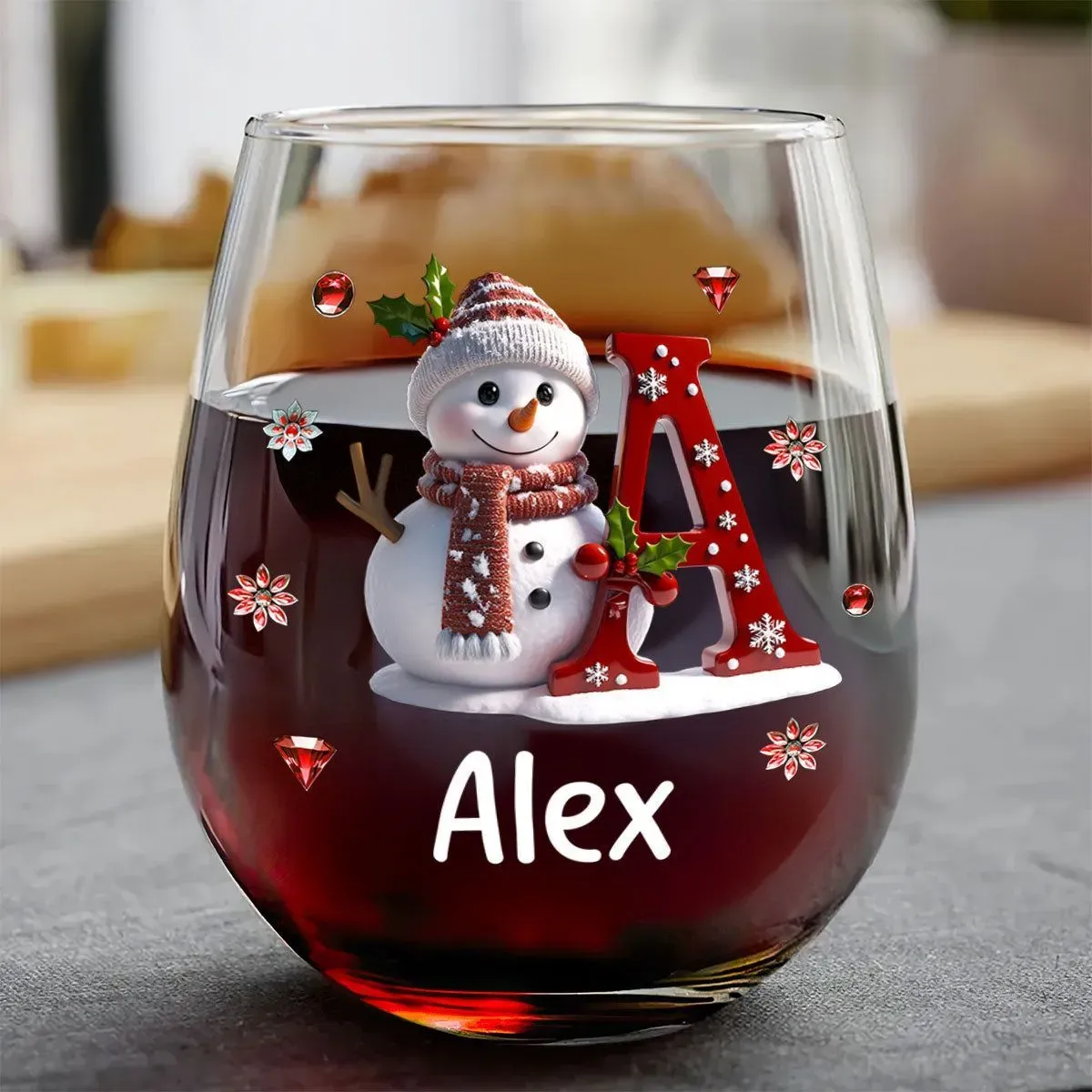Snowman Merry Christmas For Family And Friends - Personalized Stemless Wine Glass