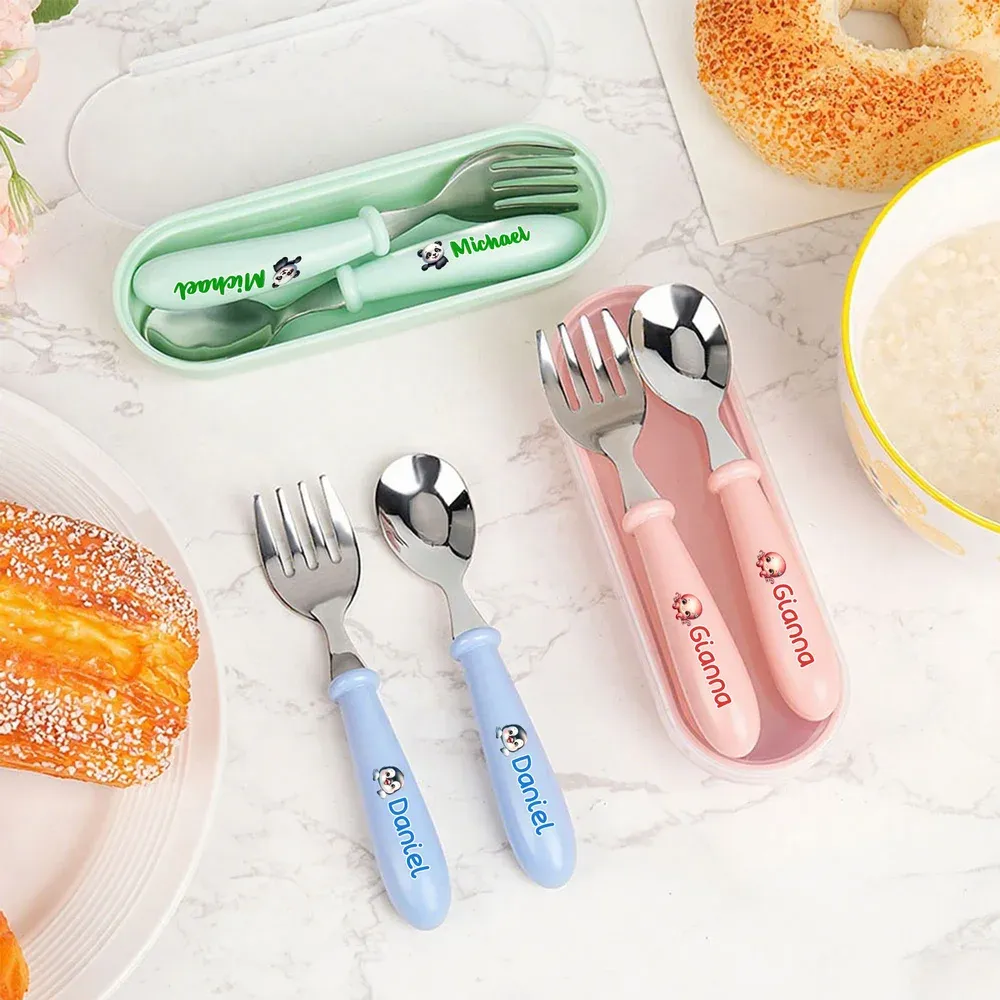 Personalised Cute Animal Food-Grade Stainless Steel Name Spoon Fork 2 Pcs Cutlery Set with Case Birthday Back to School Gift for Toddler Kid