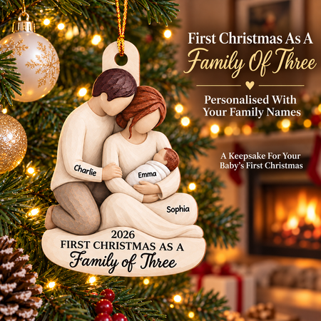 Personalised First Christmas As A Family Of Three Wooden Ornament, Custom Baby Name Keepsake Gift For New Parents
