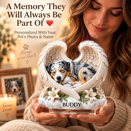 Personalized Pet Memorial Acrylic Plaque with Angel Wings, Custom Dog & Cat Photo Keepsake Gift