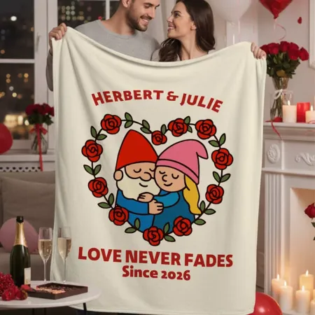 Personalized Cute Dwarf Couple Heart Rose Soft Throw Blanket with Name and Year Home Decor Valentine's Day Anniversary Gift for Couples