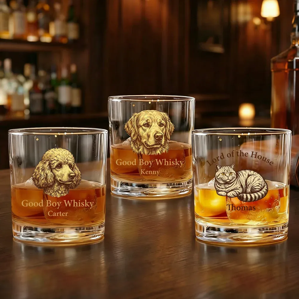 Personalized Pet Portrait 11 oz Rock Whiskey Glass with Name Birthday Memorial Gift for Pet Lovers