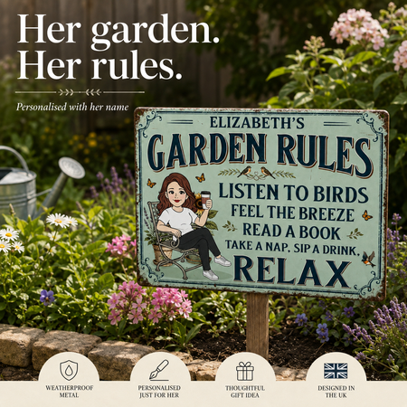 Personalised Garden Rules Metal Sign with Name – Custom Woman, Outfit & Drink Garden Gift for Her