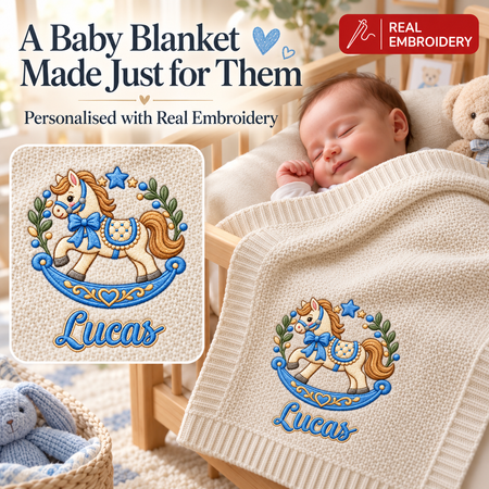 Personalised Rocking Horse Embroidered Baby Blanket – Custom Name Baby Gift