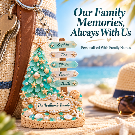 Personalised Family Beach Keychain – Custom Acrylic Family Name & Member Names Keepsake, Coastal Holiday Gift for Mum Dad Kids