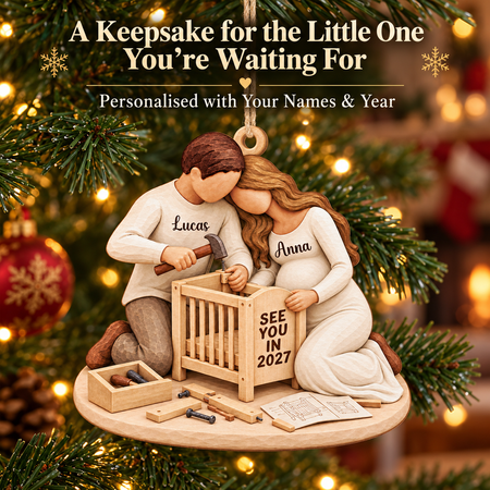 Personalised Pregnancy Christmas Ornament – Expecting Couple Building Baby s Crib Wooden Keepsake