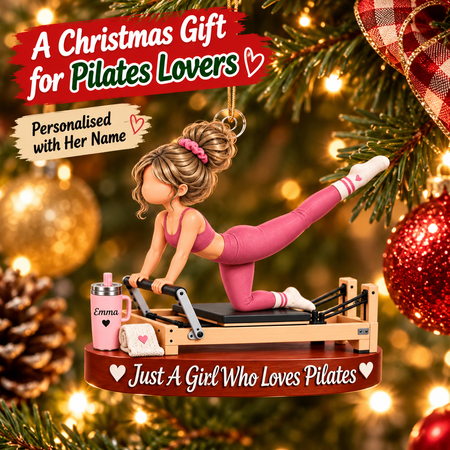 Personalised Pilates Girl Christmas Ornament – Custom Name Acrylic Tree Decoration, Gift for Pilates Lovers
