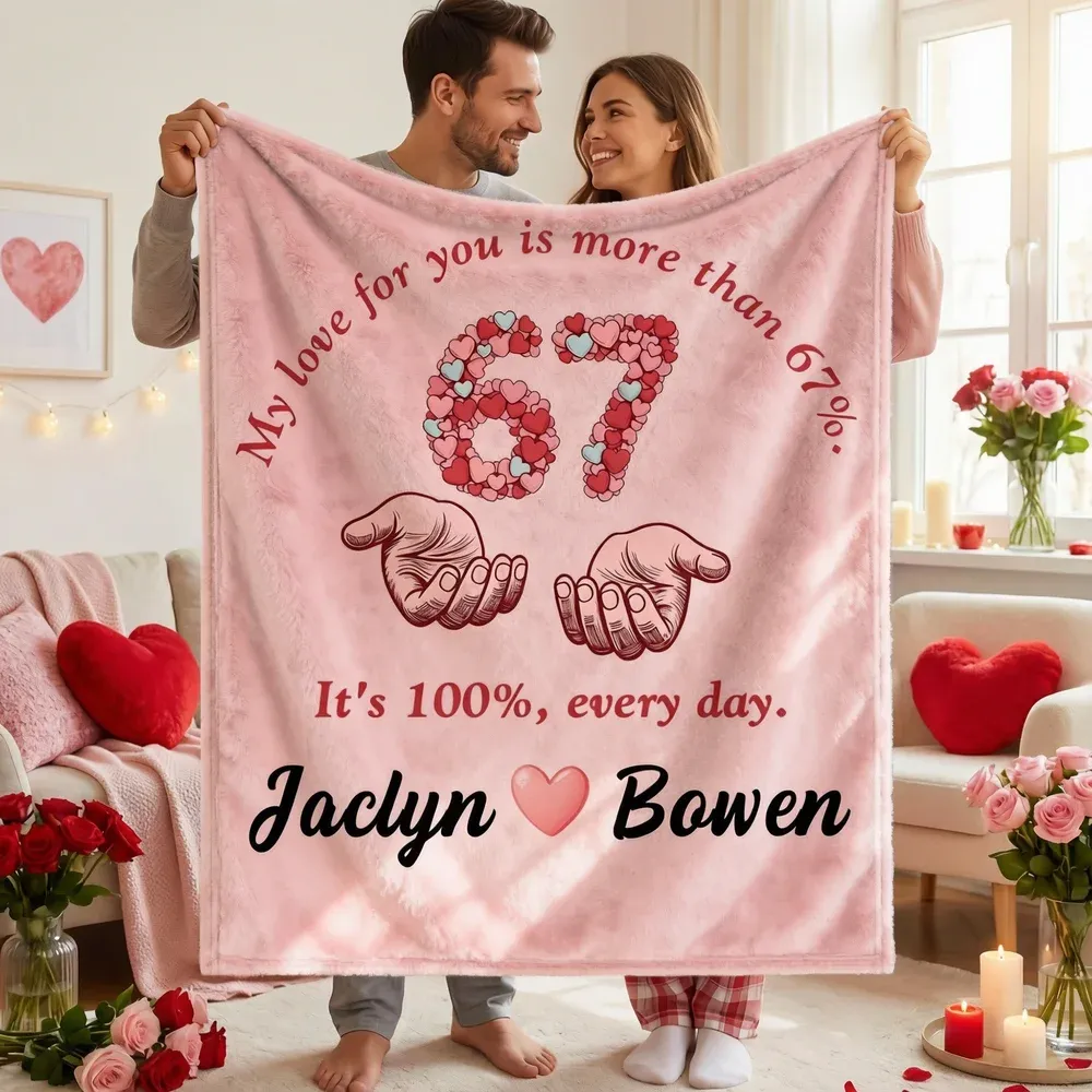 Personalised Six Seven Heart Pink Soft Throw Blanket with Name Daily Use Valentine's Day Anniversary Gift for Couple