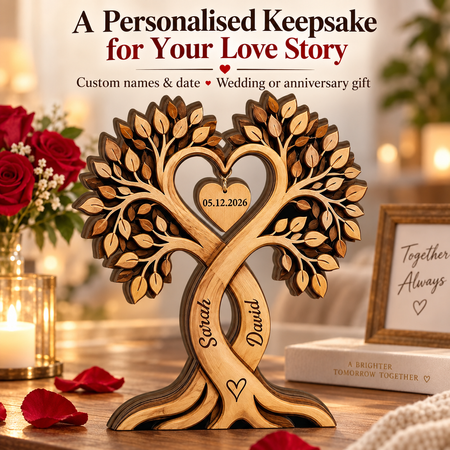 Personalised Couple Tree Wooden Block – Custom Names & Date Wedding or Anniversary Keepsake