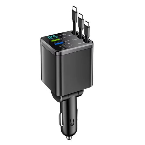 7-in-1 4-Port Retractable Car Fast Charger With Voltage Display