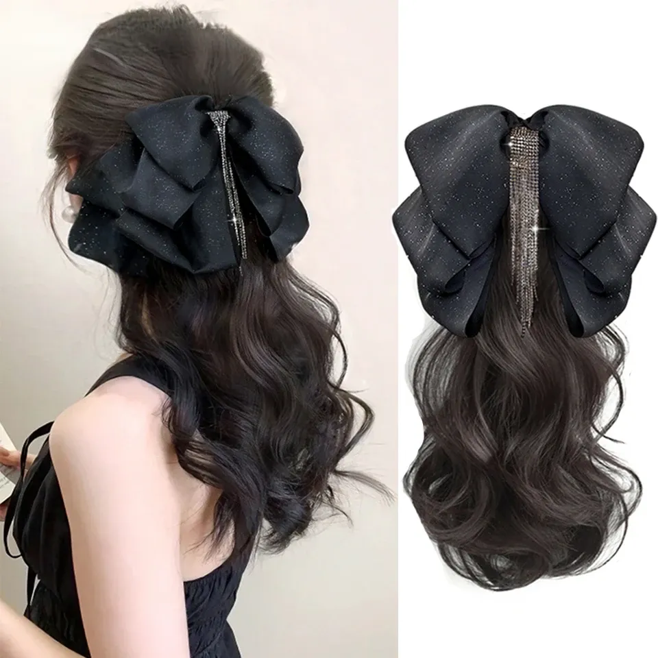 🔥🔥🔥Tassel Bow Claw Clip Temperamento de rabo de cavalo Cabelo ligeiramente encaracolado