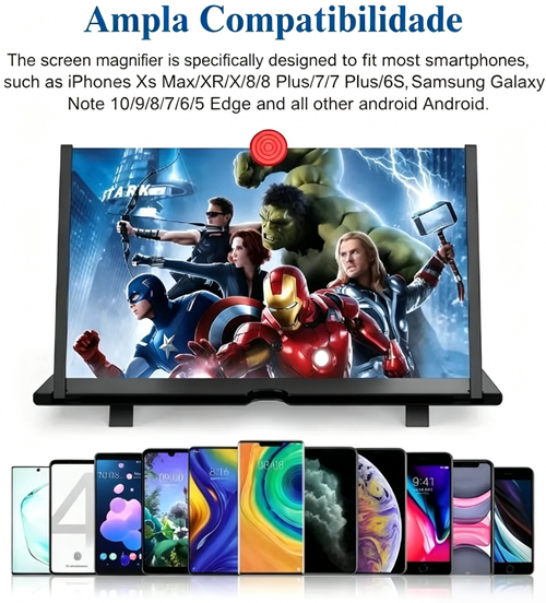 Lupa de 12 ecrãs, projetor de ampliação para telemóvel HD 3D, ampliação de ecrã para filmes, vídeos e jogos, suporte dobrável para telemóvel com amplificador de ecrã, suporta todos os smartphones