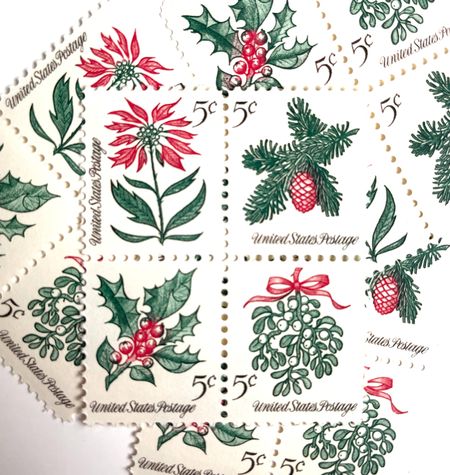 100 Christmas Stamps Unused Holly Poinsettia Mistletoe Evergreen Pinecone Vintage Stamps