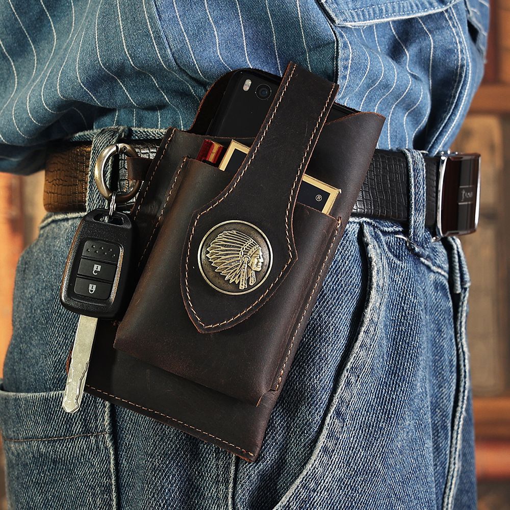 Bolsa de cintura masculina de couro genuíno para celular, bolsa de cintura de couro de cavalo louco criativa e individualista para homens, bolsa de cintura tática de cinto de grande capacidade para homens