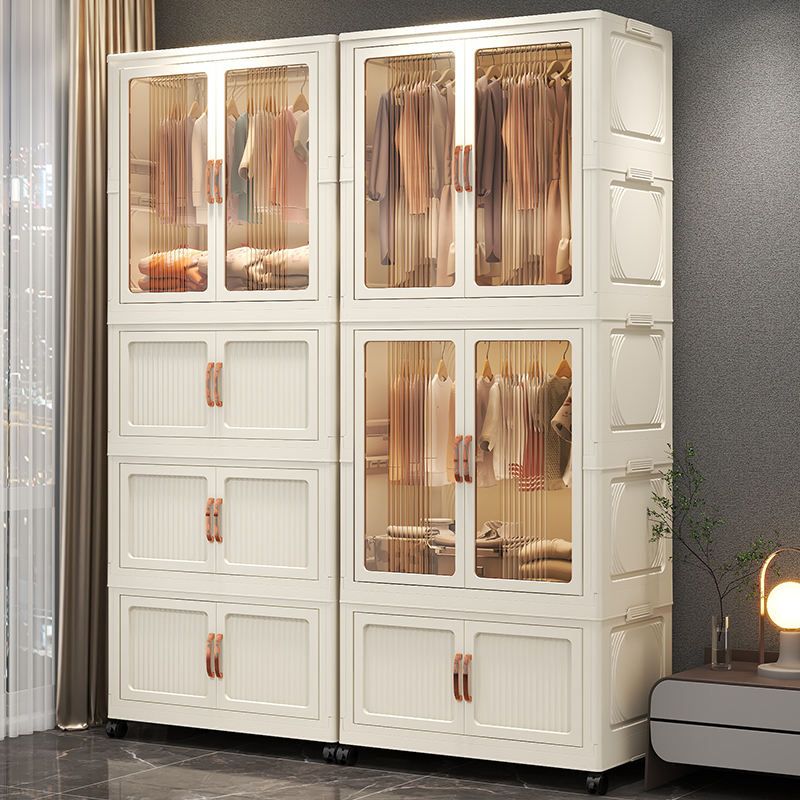Dust-proof storage wardrobe, minimalist living room wardrobe, multi-tier foldable plastic stackable children's wardrobe, space-saving foldable plastic wardrobe, 65 cm wide foldable hanging wardrobe (curved) with one large door + 2 foldable boxes (cream)