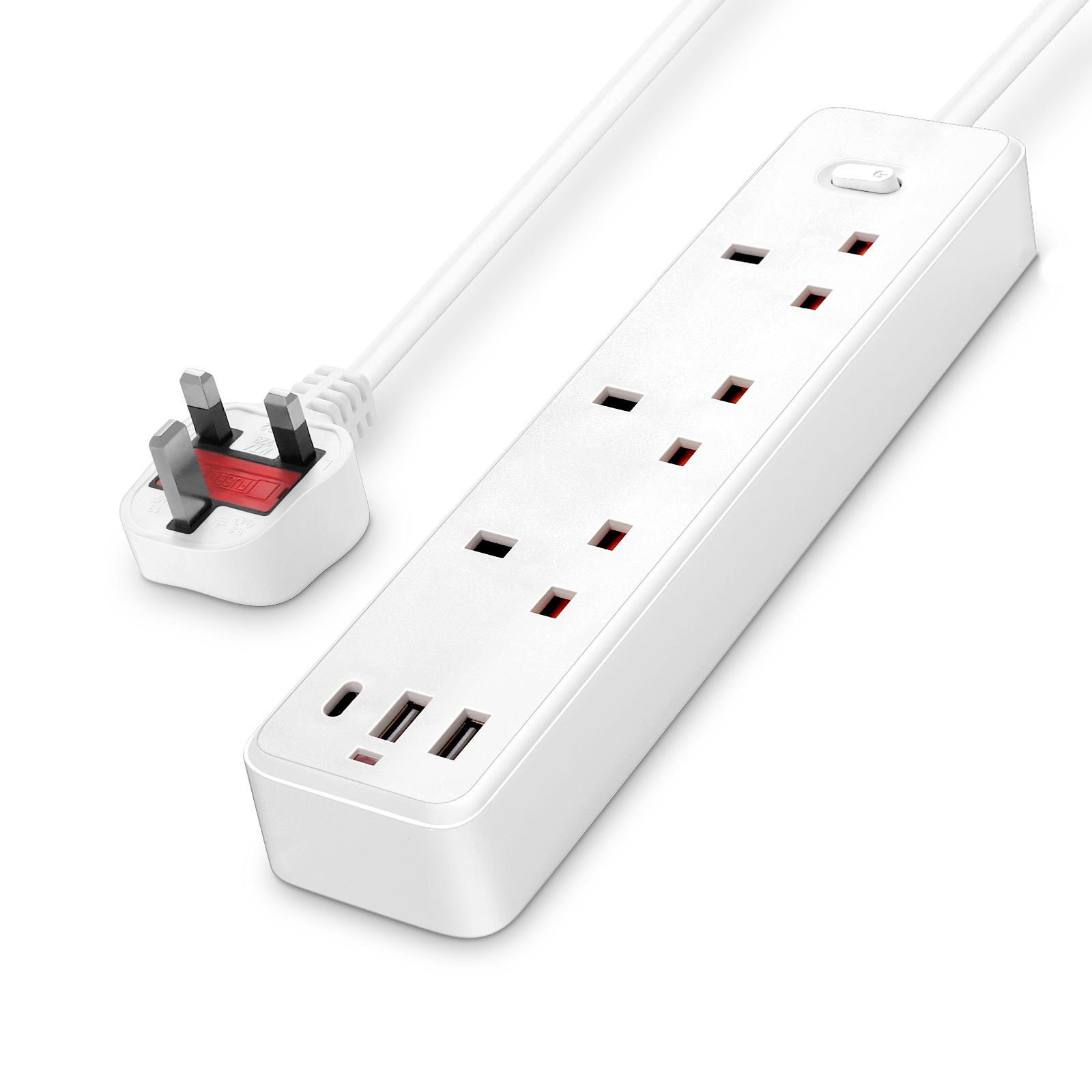 2500W Smart Switch UK CE Certified UK Standard 3 USB Ports UK Standard Surge Protected Power Strip with Overload Protection Child-Safe Plug Board