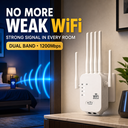 1200Mbps Dual-Band WiFi Signal Booster,Boost weak WiFi and get a stronger signal in your bedroom, kitchen, upstairs or shop. This 6-antenna WiFi signal booster receives your existing router signal, strengthens it and sends it farther. Use 2.4GHz for longer reach or 5.8GHz for faster WiFi nearby. It has 2 network cable ports and simple setup. Existing WiFi and password are required.