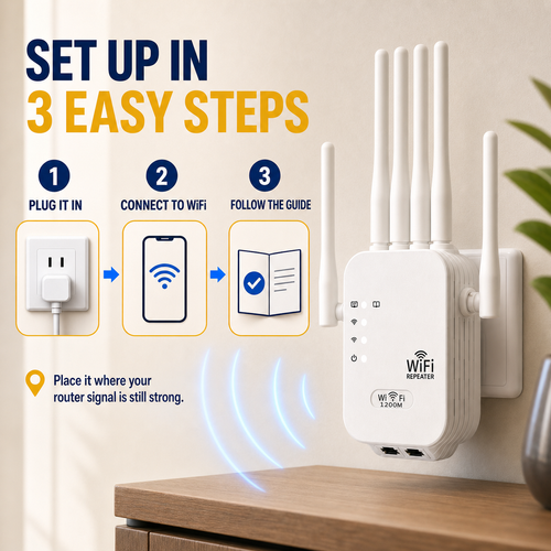 1200Mbps Dual-Band WiFi Signal Booster,Boost weak WiFi and get a stronger signal in your bedroom, kitchen, upstairs or shop. This 6-antenna WiFi signal booster receives your existing router signal, strengthens it and sends it farther. Use 2.4GHz for longer reach or 5.8GHz for faster WiFi nearby. It has 2 network cable ports and simple setup. Existing WiFi and password are required.