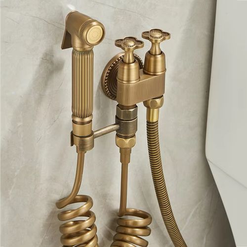 Antique Brass Wall Mount 2 in 1 Shattaf Bidet Sprayer Tap Set For Ghana Bathroom
