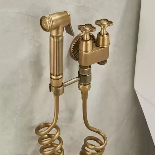 Antique Brass Wall Mount 2 in 1 Shattaf Bidet Sprayer Tap Set For Ghana Bathroom