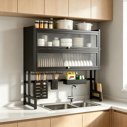 Large kitchen drain rack with doors
