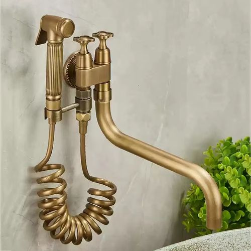 Antique Brass Wall Mount 2 in 1 Shattaf Bidet Sprayer Tap Set For Ghana Bathroom