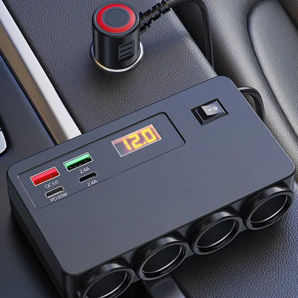 🔌120W Car Charger Adapter – 4 USB Ports (PD 30W + QC 3.0) + 3 Sockets, Real-Time Voltage Display! 🚗⚡