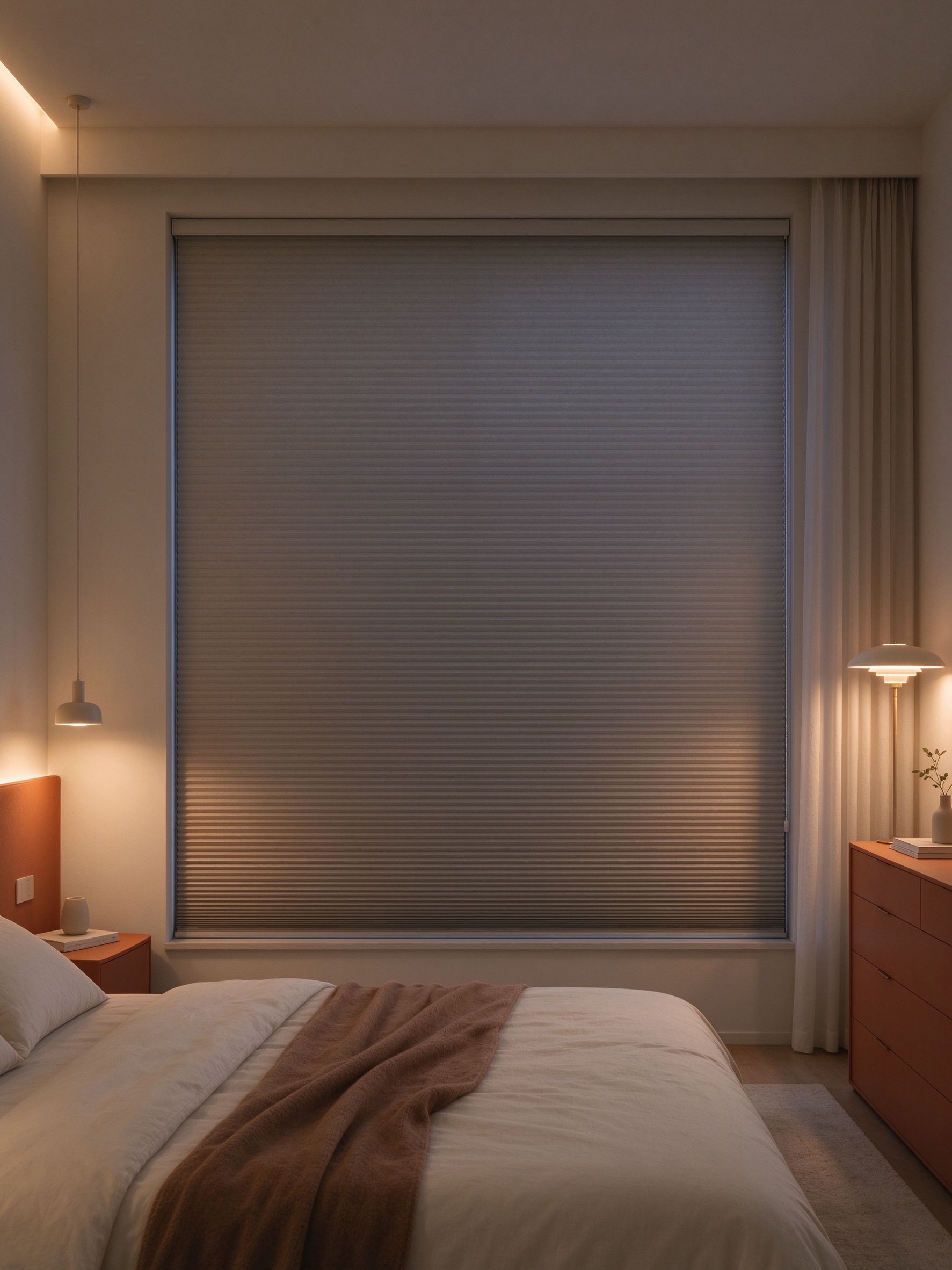 Blackout cellular shades in a dim bedroom