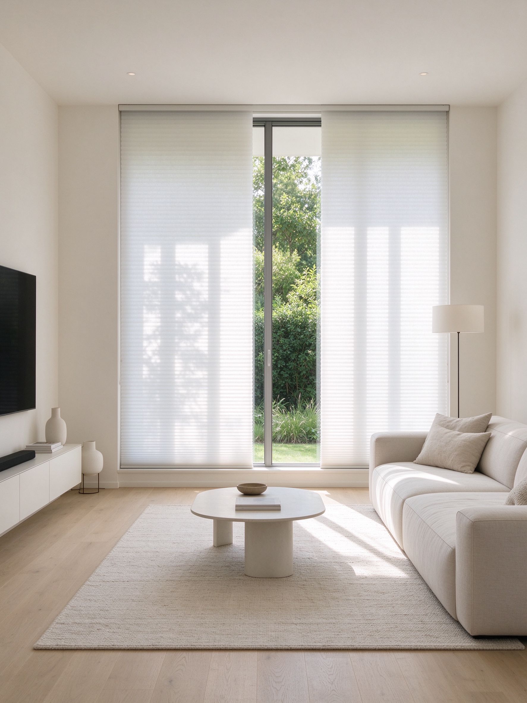 Vertical cellular shade on a tall floor-to-ceiling window