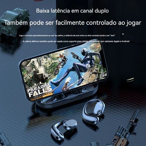 Novo fone de ouvido Bluetooth de dois canais para uso em negócios e esportes, com design para encaixar nas orelhas, longa duração da bateria e modelo exclusivo, compatível com diversos dispositivos.