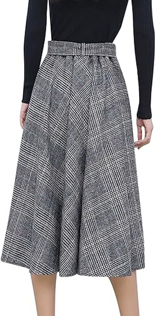 Women's Elastic Waist Belted Wool Blend Check Plaid Midi Skirt
