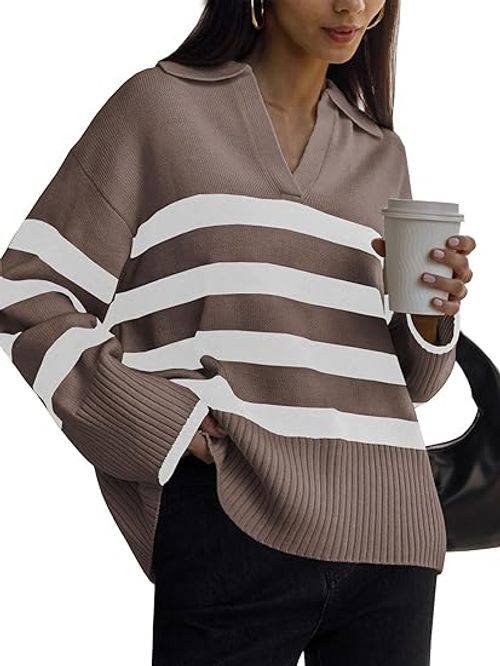 Womens Striped Fashion 2023 Sweaters Collared Oversized Outfits Knit Pullover Tunic Tops
