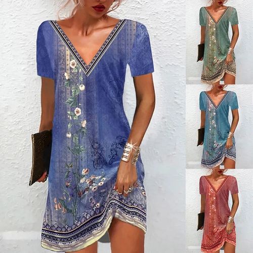 Vestido casual estampado manga curta com decote em V