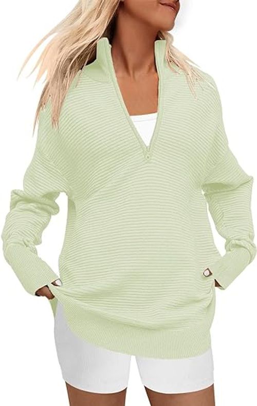Women V Neck  Zip Pullover Stretch Sweater Long Sleeve Stand Collared Ribbed Knitted Solid Sweaters