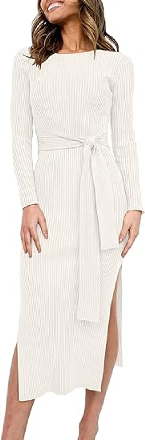 Women's Crew Neck Long Sleeve Midi Sweater Dress