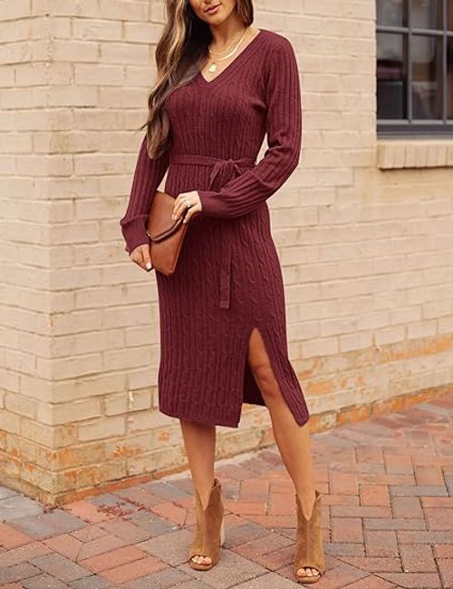 Women's V Neck Cable Knit Sweater Dress