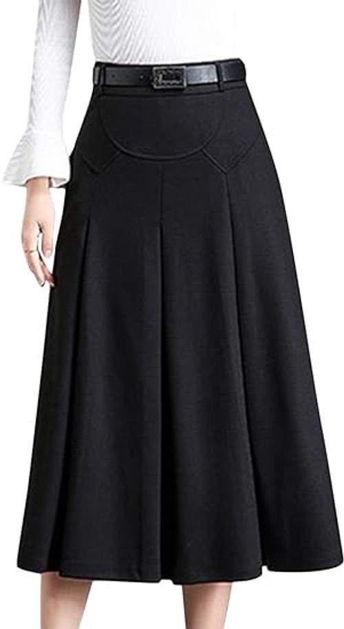 Womens Winter High Waist A-Line Pleated Wool Midi Skirt